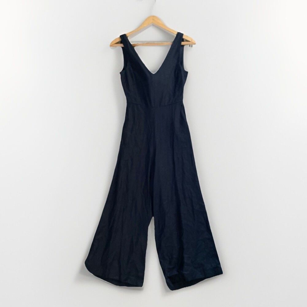 Reset by Jane‎ Cropped Jumpsuit Small Linen Blend Black V-neck Tie Back Pockets